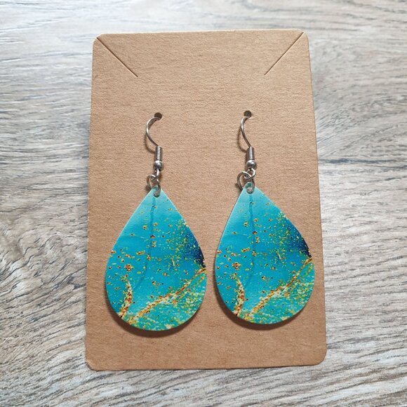 Women Teardrop Blue Gold Acrylic Dangle Earrings Hook Back Beach Core Vacation - Picture 2 of 3